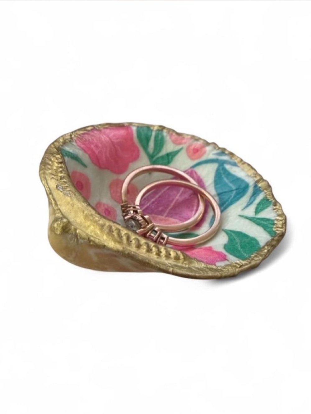 Handpainted/decoupaged Shell Ring Dish - Gold and Pink
